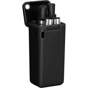 A foldable metal straw in a sleek black carrying case, featuring a logo on the front.