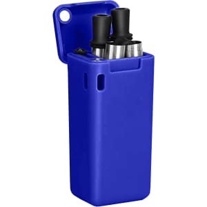 A blue foldable metal straw stored in a compact case, featuring two black straw ends and a logo.