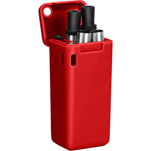 A red case containing a foldable metal straw and two black silicone tips, featuring a logo.