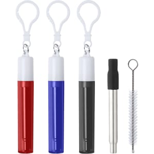 A set of retractable metal straws in red, blue, and black with a cleaning brush and keychain attachments.