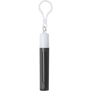 A retractable metal straw in a sleek black colour, housed in a white carrying case with a clip.