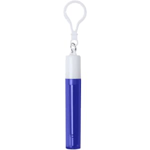 A retractable metal straw in a purple casing with a white top, featuring a clip for attachment.