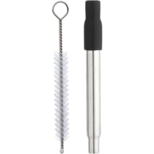 A retractable metal straw in silver, accompanied by a cleaning brush with a looped end.
