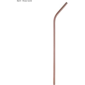 A rose gold stainless steel bent straw, measuring 6mm x 215mm, with a simple design and branding.