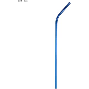 A bent stainless steel straw in blue, measuring 6mm x 215mm, with a logo present.