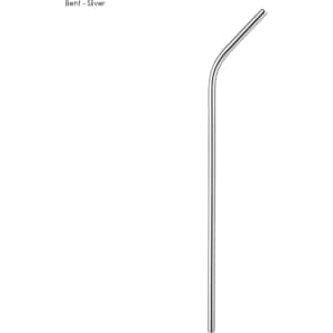 A stainless steel bent straw in silver, measuring 6mm x 215mm, featuring a logo. Ideal for drinking beverages.