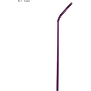 A bent purple stainless steel straw, measuring 6mm x 215mm, featuring a logo.