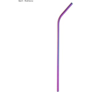 A rainbow stainless steel drinking straw with a bent design, suitable for various beverages.
