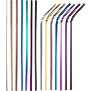 A set of stainless steel drinking straws in various colours, including silver, purple, gold, and black, with different styles.
