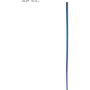 A rainbow stainless steel straw measuring 6mm x 215mm, featuring a shiny metallic finish and a logo.
