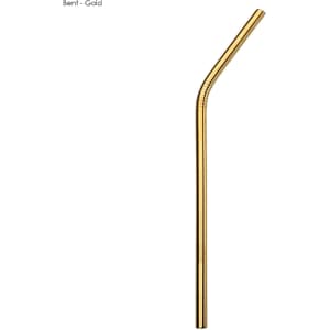 A gold stainless steel straw with a bent design, featuring a smooth finish and a branding logo.