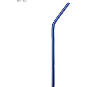 A blue stainless steel straw, bent design, measuring 8mm x 215mm, featuring a simple logo.
