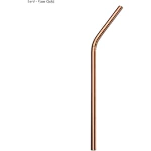 A bent stainless steel straw in rose gold, designed for drinking. Features a logo on the side.