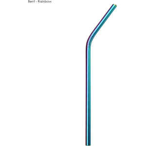 A bent stainless steel straw in a rainbow finish, 8mm x 215mm, with a sleek, reflective surface.