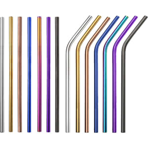 A collection of colourful stainless steel straws, featuring straight and bent designs in various metallic hues.