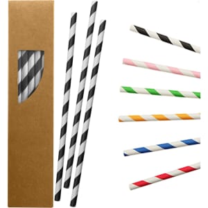 A box of paper straws in various colours, including black, white, pink, green, orange, and red. The box has a window.