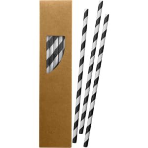 A pack of four paper drinking straws in black and white, displayed in a brown cardboard box with a window.