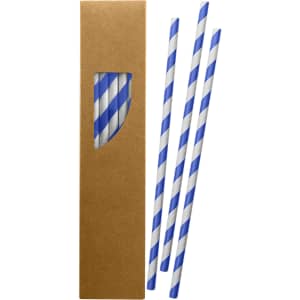 A set of three blue and white striped paper straws in a cardboard box with a transparent window.