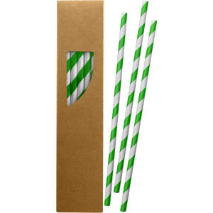 A box containing three green and white striped paper straws, partially visible through a window.