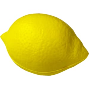 A bright yellow stress lemon, designed to relieve stress, featuring a textured surface and a rounded shape.