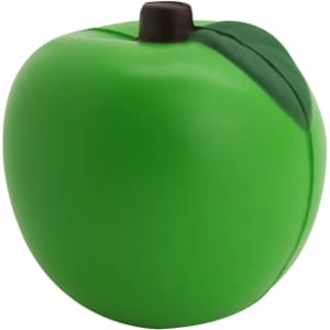 A green stress apple with a dark green leaf and a brown stem, featuring a smooth, rounded design.