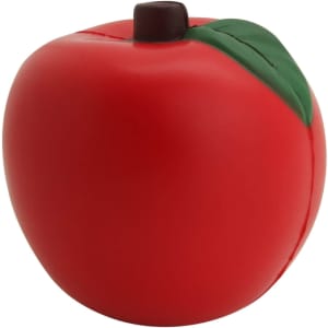 A red stress ball shaped like an apple with a green leaf and brown stem. It has a smooth texture.