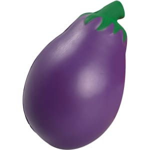 A purple stress toy shaped like an eggplant with a green stem. It features a small logo on its side.