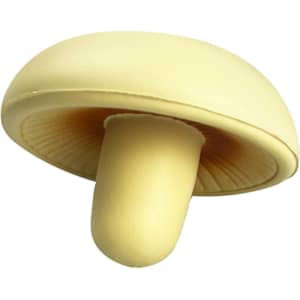 A yellow stress mushroom with a smooth surface and detailed gills underneath, featuring a logo.