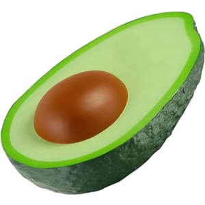 A green stress avocado toy, featuring a brown seed in the centre, with a textured surface.
