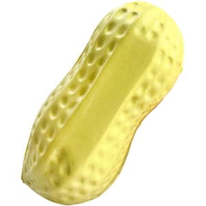 A yellow stress peanut with a textured surface, shaped like a nut. It has a glossy finish and includes a logo.