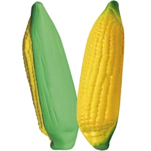 A stress toy in the shape of corn, featuring green and yellow colours, with a smooth texture and a logo.