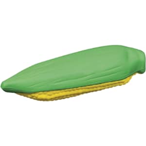 A green and yellow stress corn toy, resembling a corn cob, with a smooth, squishy surface.