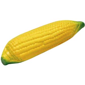 A yellow stress corn toy with green ends, designed to relieve stress. It features a smooth, textured surface and has a logo.