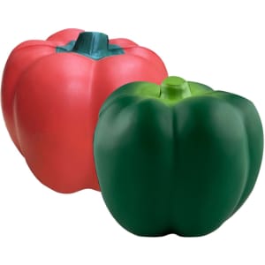 A red and green stress ball shaped like bell peppers, featuring a smooth finish and a simple design.