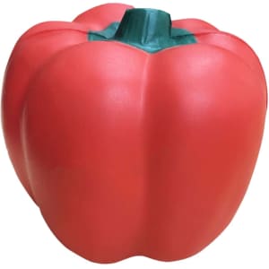 A red plastic replica of a capsicum with a green stem, resembling a bell pepper design.