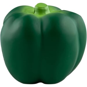 A green bell pepper stress toy with a smooth texture and rounded shape, featuring a logo on the side.