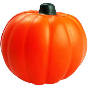 An orange stress pumpkin with a dark green stem, featuring a smooth, textured surface. It has a logo on one side.