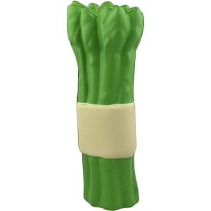 A green stress toy shaped like a bunch of asparagus with a beige band around the centre. It has no visible branding.