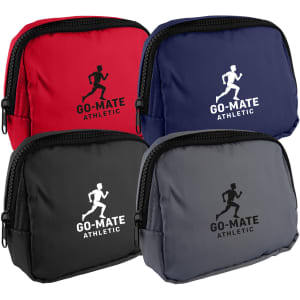 A set of four Go-Mate Belt Bags in red, navy, black, and grey, each featuring a logo on the front.