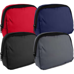 A set of four Go-Mate Belt Bags in red, navy blue, black, and grey, featuring zip closures and a logo.