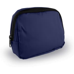 A navy blue belt bag with a zip closure and a simple design, featuring a small logo on the side.