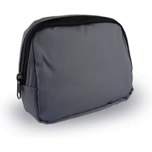 A grey Go-Mate Belt Bag with a zip closure and a small side pocket. It features a logo on the front.