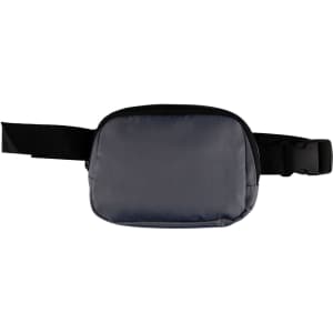 A grey belt bag with a black adjustable strap and a logo on the front.