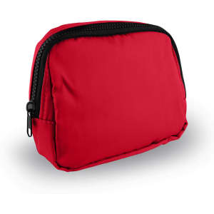 A red belt bag with a black zipper, featuring a small pocket on the side and a textured exterior. It has a logo.