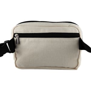 A beige cotton belt bag with a black zipper and adjustable strap, featuring a logo on the front.