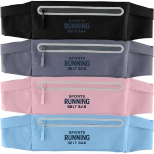 A range of Sports Running Belt Bags in black, grey, pink, and light blue, each featuring a zippered pocket and a logo.