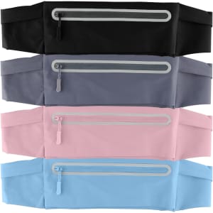 Four sports running belt bags in black, grey, light pink, and light blue, each with a zippered pocket and a logo.