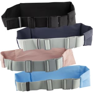 A collection of sports running belt bags in black, navy, light pink, light grey, and blue, featuring adjustable buckles.