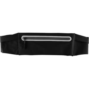 A black sports running belt bag featuring a front zip pocket and a reflective strip. It has an adjustable strap.