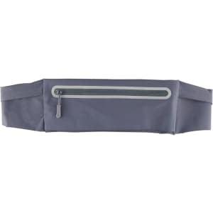 A grey sports running belt bag with a zippered pocket and an adjustable strap, featuring a logo.
